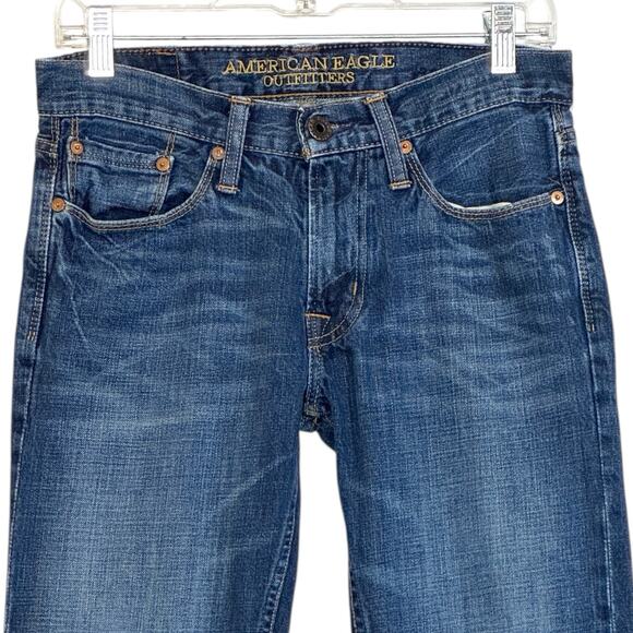 AEO Jeans Slim Straight Low Rise Men 30x29** Blue Fade Whiskers Stacks Casual - Picture 3 of 16